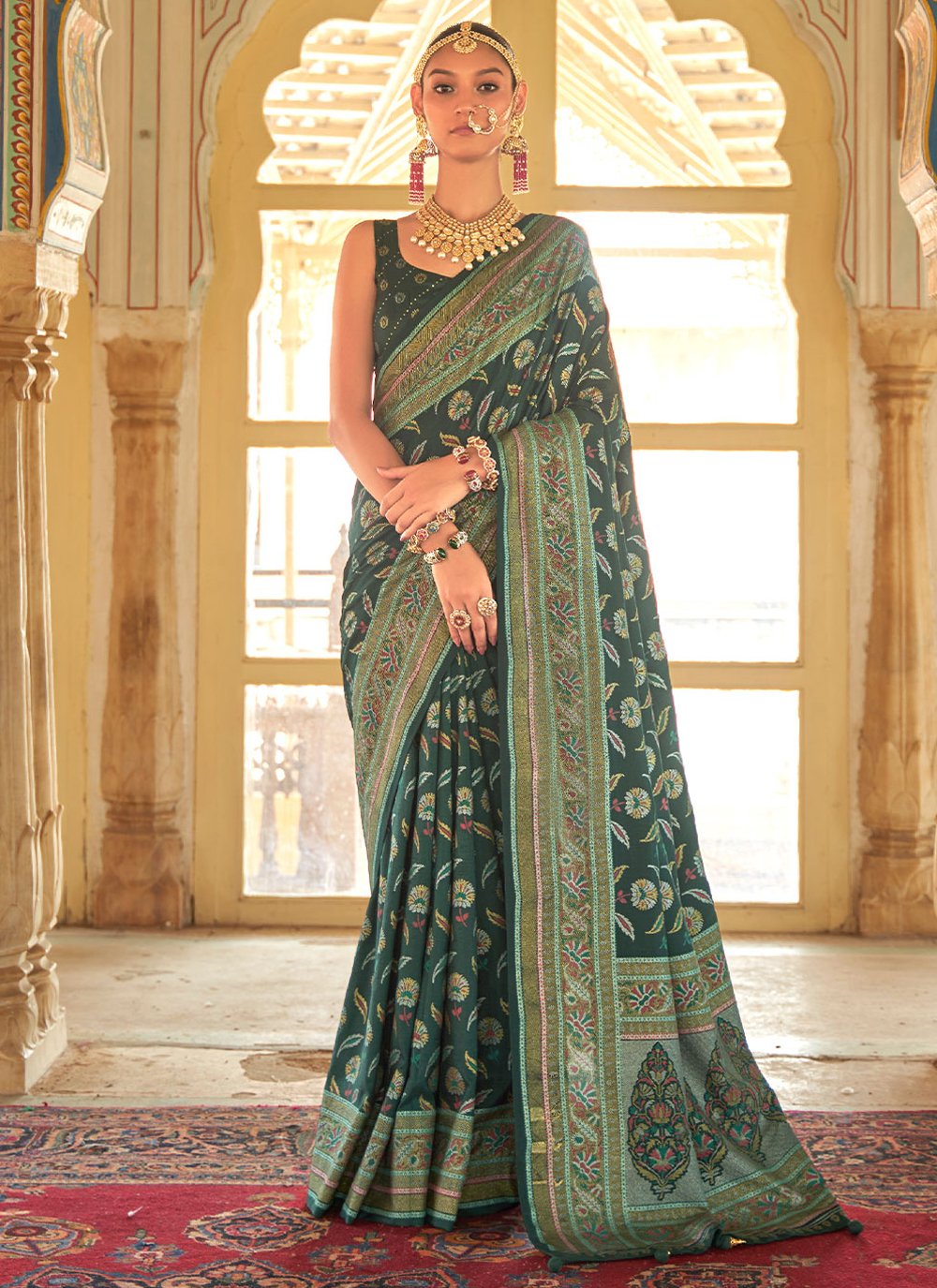 Classic Silk Turquoise Foil Print Saree