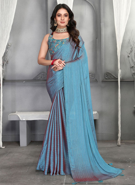 Trendy Saree Silk Turquoise Plain Saree