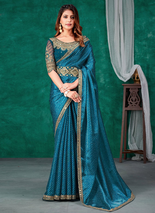 Trendy Saree Silk Turquoise Digital Print Saree