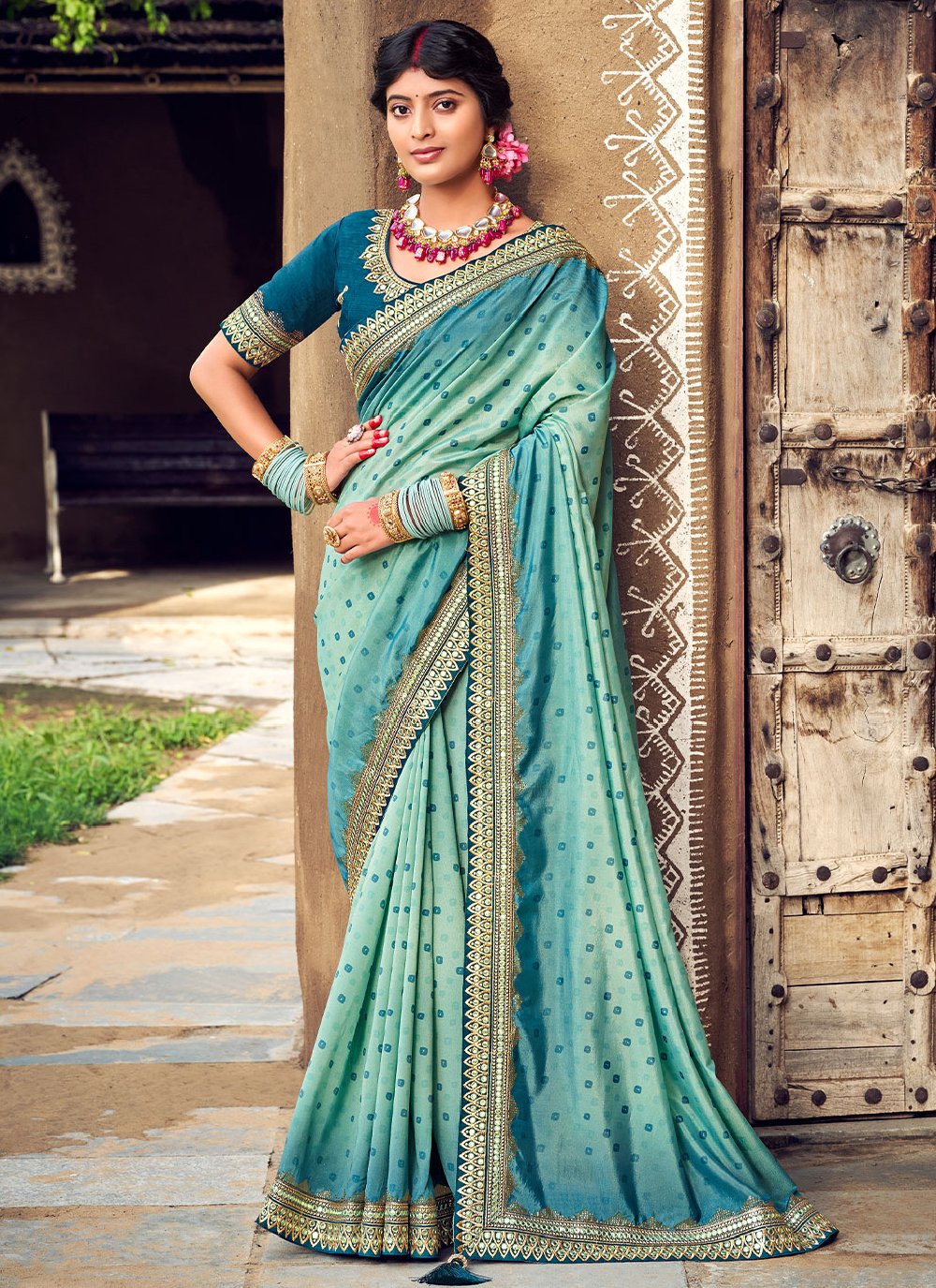 Bandhani Saree Silk Turquoise Digital Print Saree