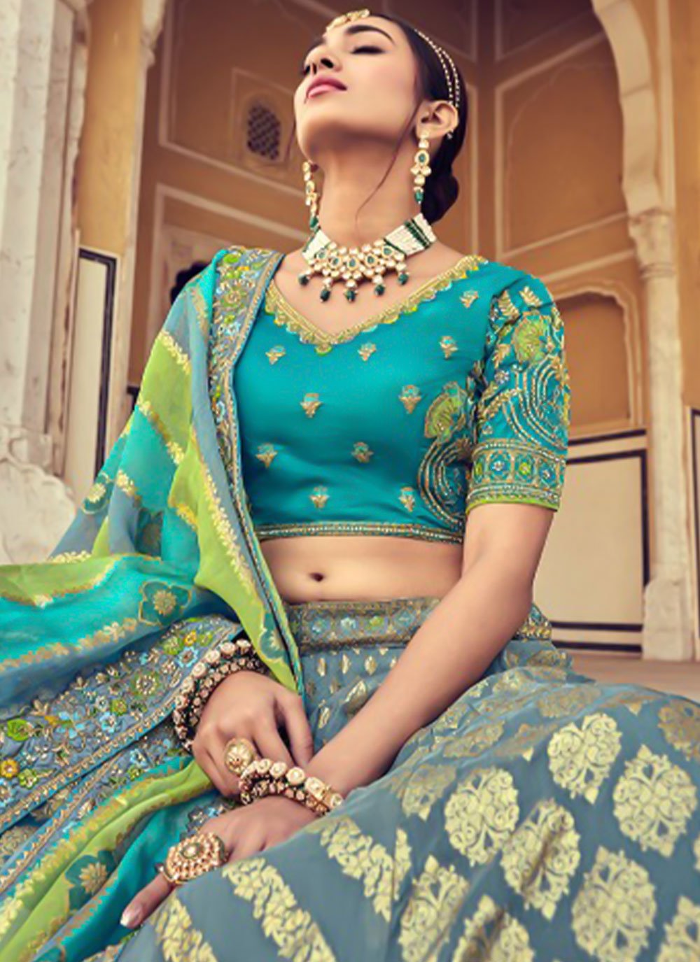 Lehenga Choli Silk Turquoise Beads Lehenga Choli