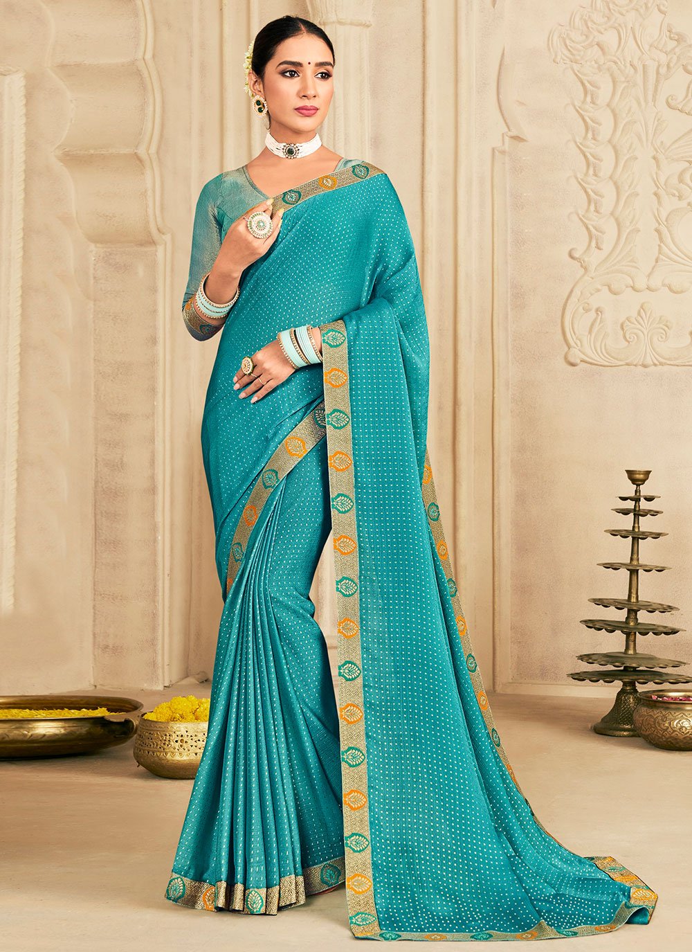 Trendy Saree Chiffon Silk Turquoise Foil Print Saree