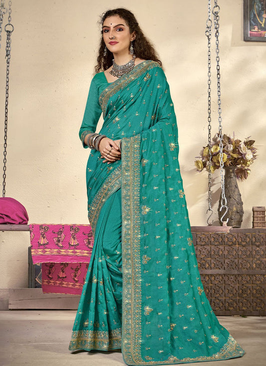 Classic Vichitra Silk Turquoise Diamond Saree