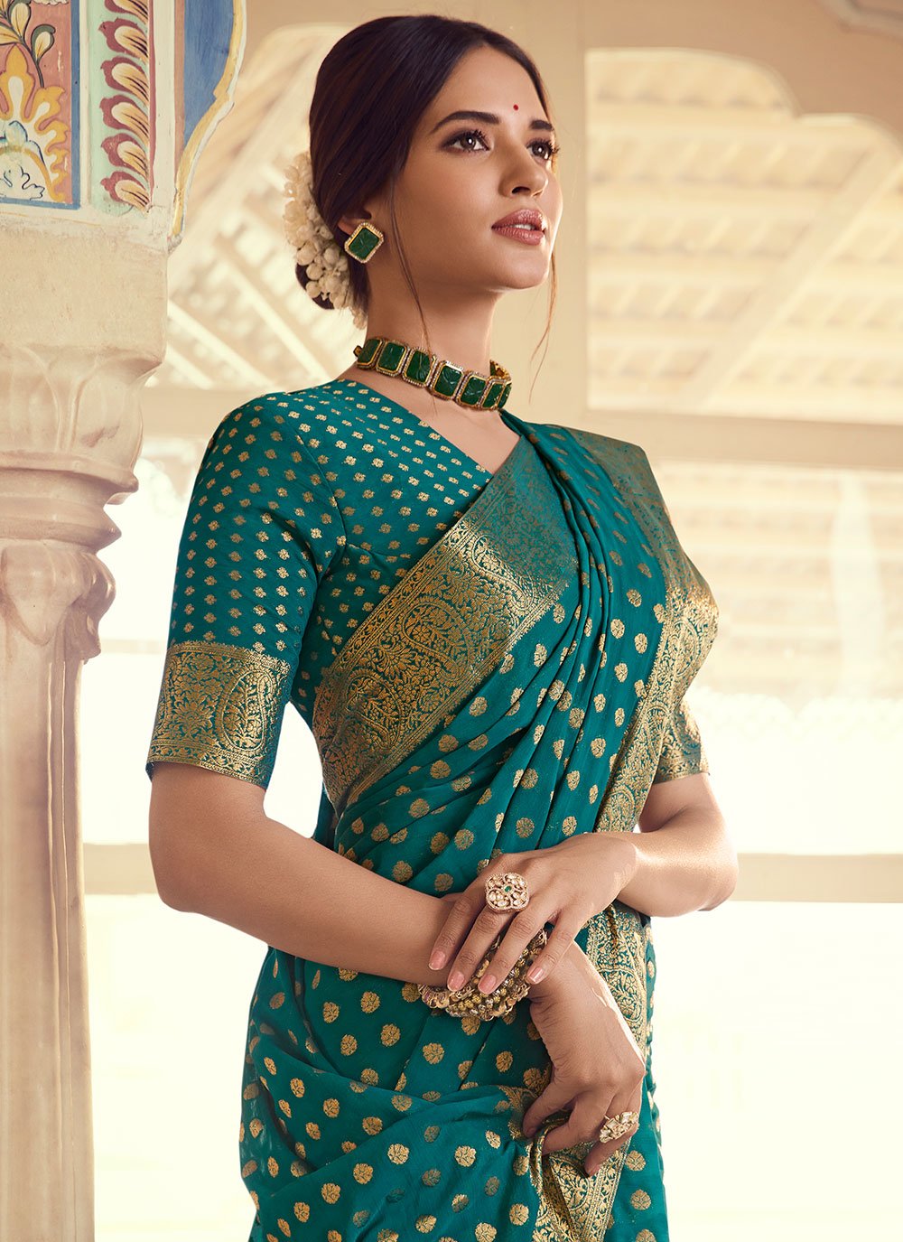 Classic Chiffon Silk Turquoise Weaving Saree