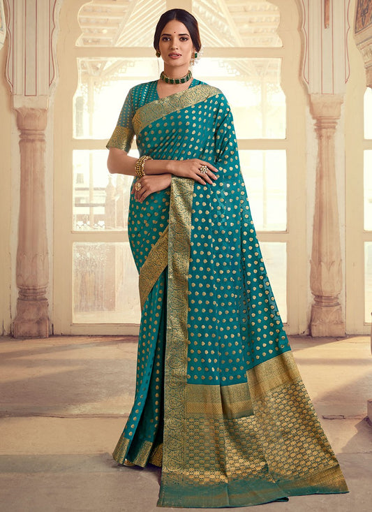 Classic Chiffon Silk Turquoise Weaving Saree