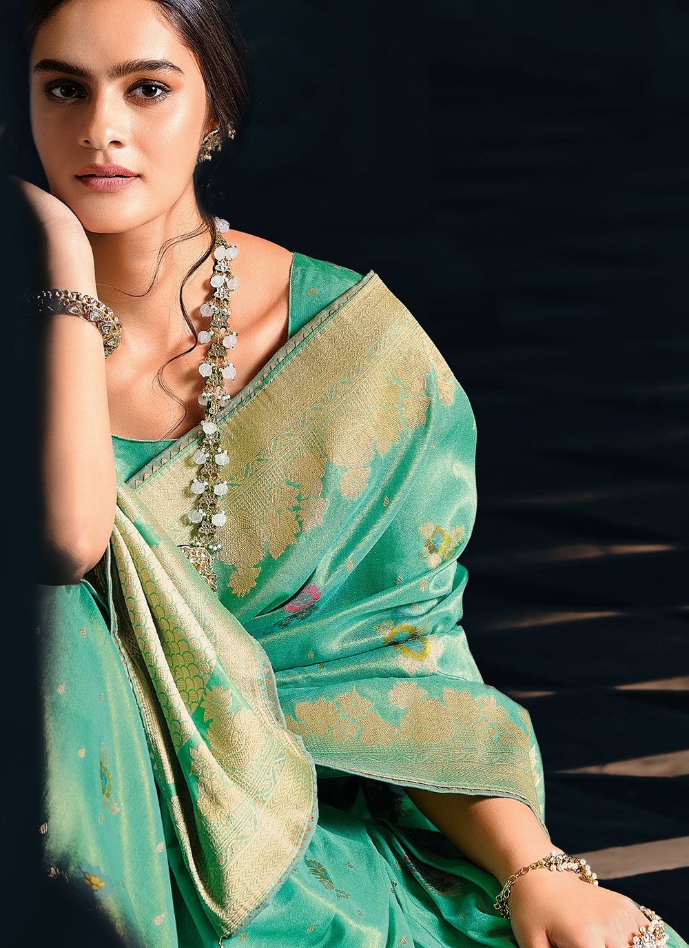 Classic Silk Tissue Turquoise Weaving Saree