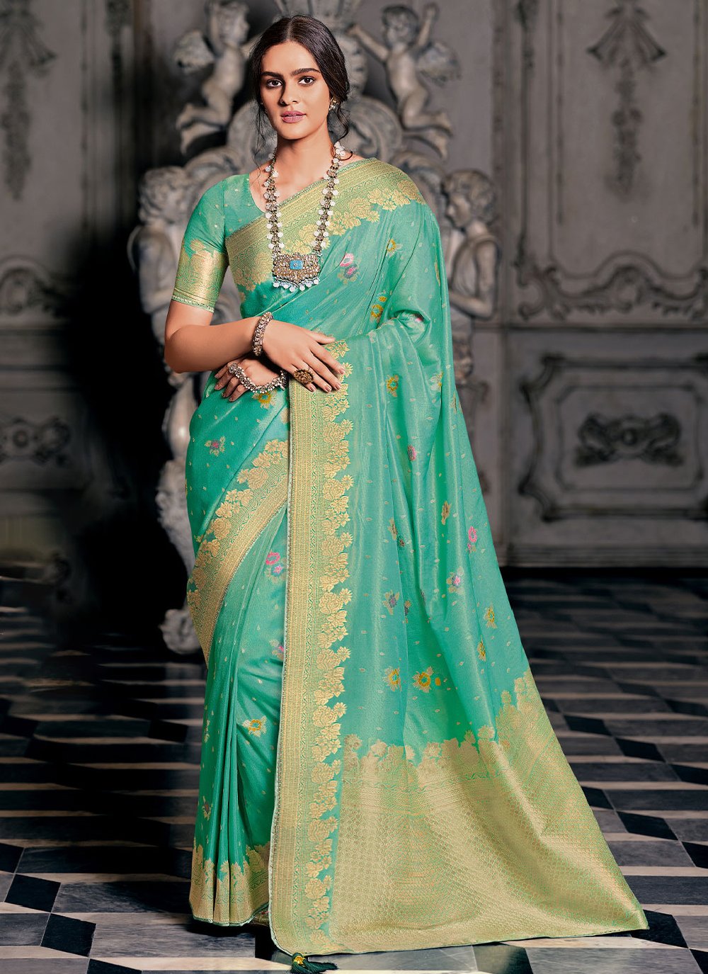 Classic Silk Tissue Turquoise Weaving Saree