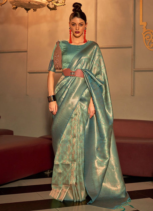 Contemporary Handloom Silk Turquoise Weaving Saree