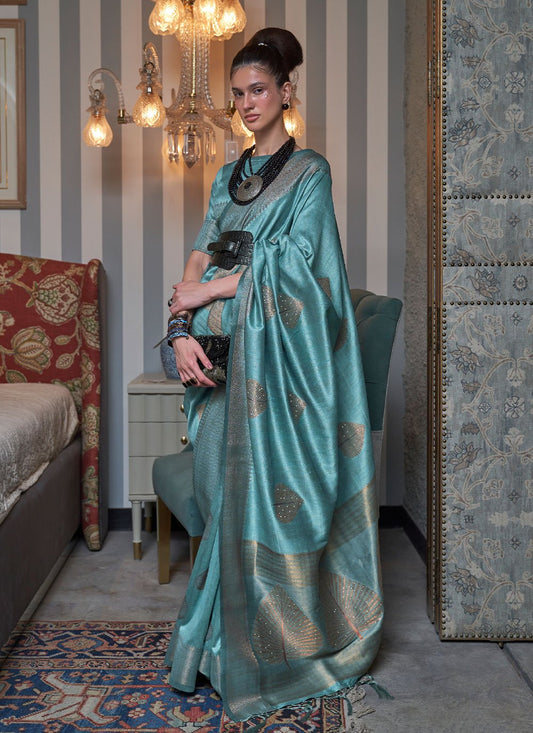 Contemporary Handloom Silk Turquoise Weaving Saree