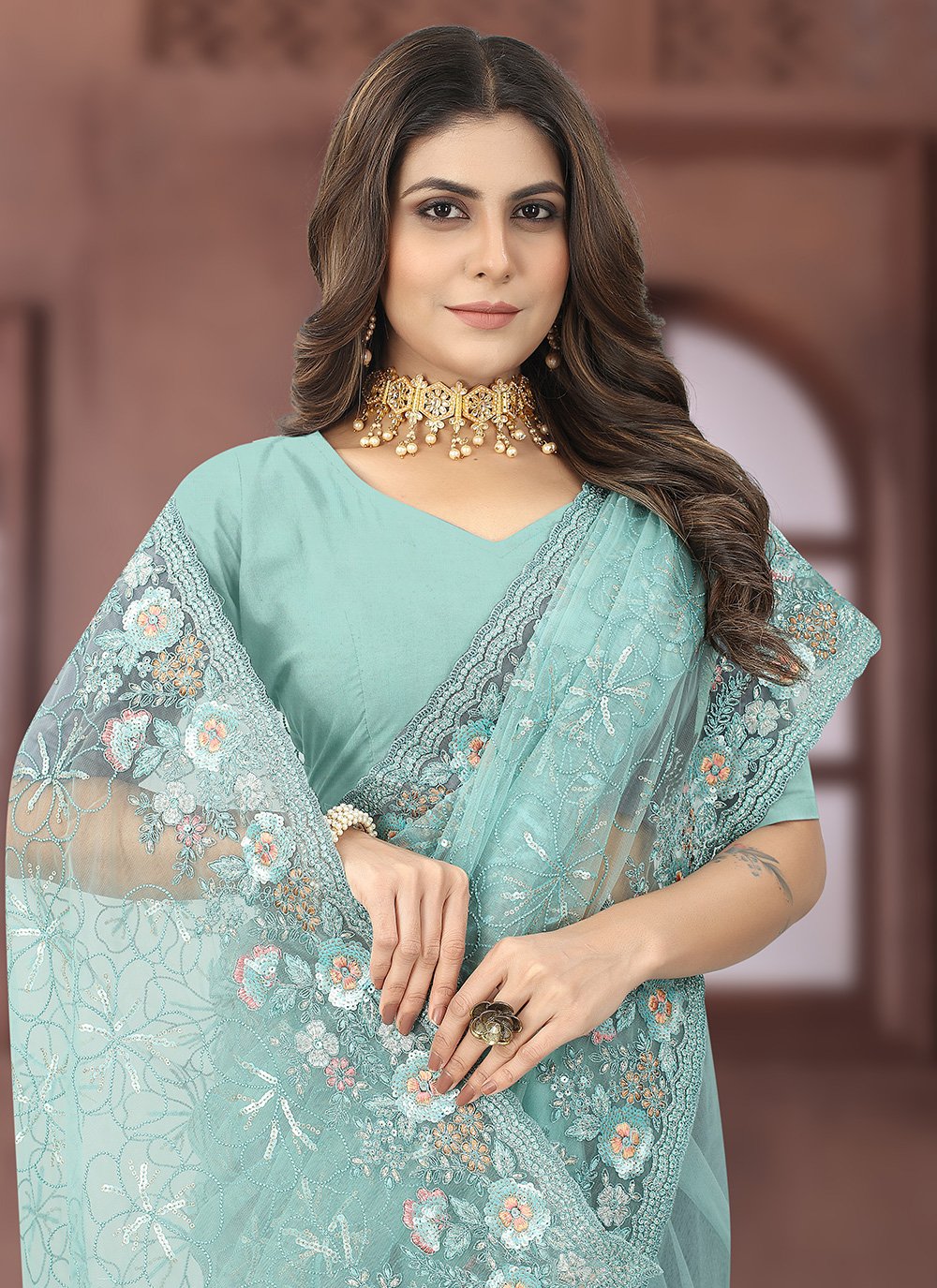 Contemporary Net Turquoise Embroidered Saree