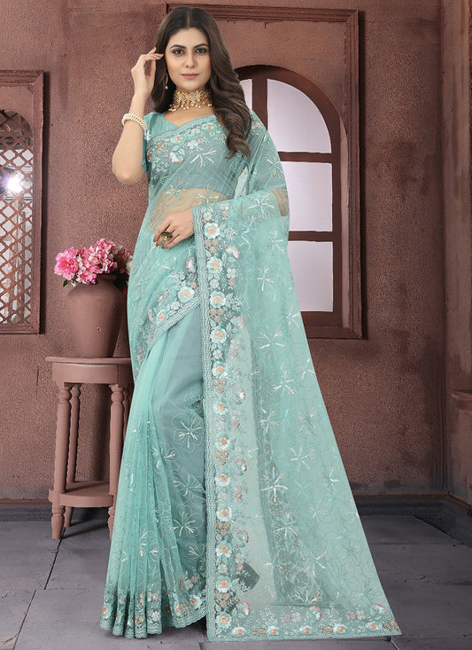 Contemporary Net Turquoise Embroidered Saree