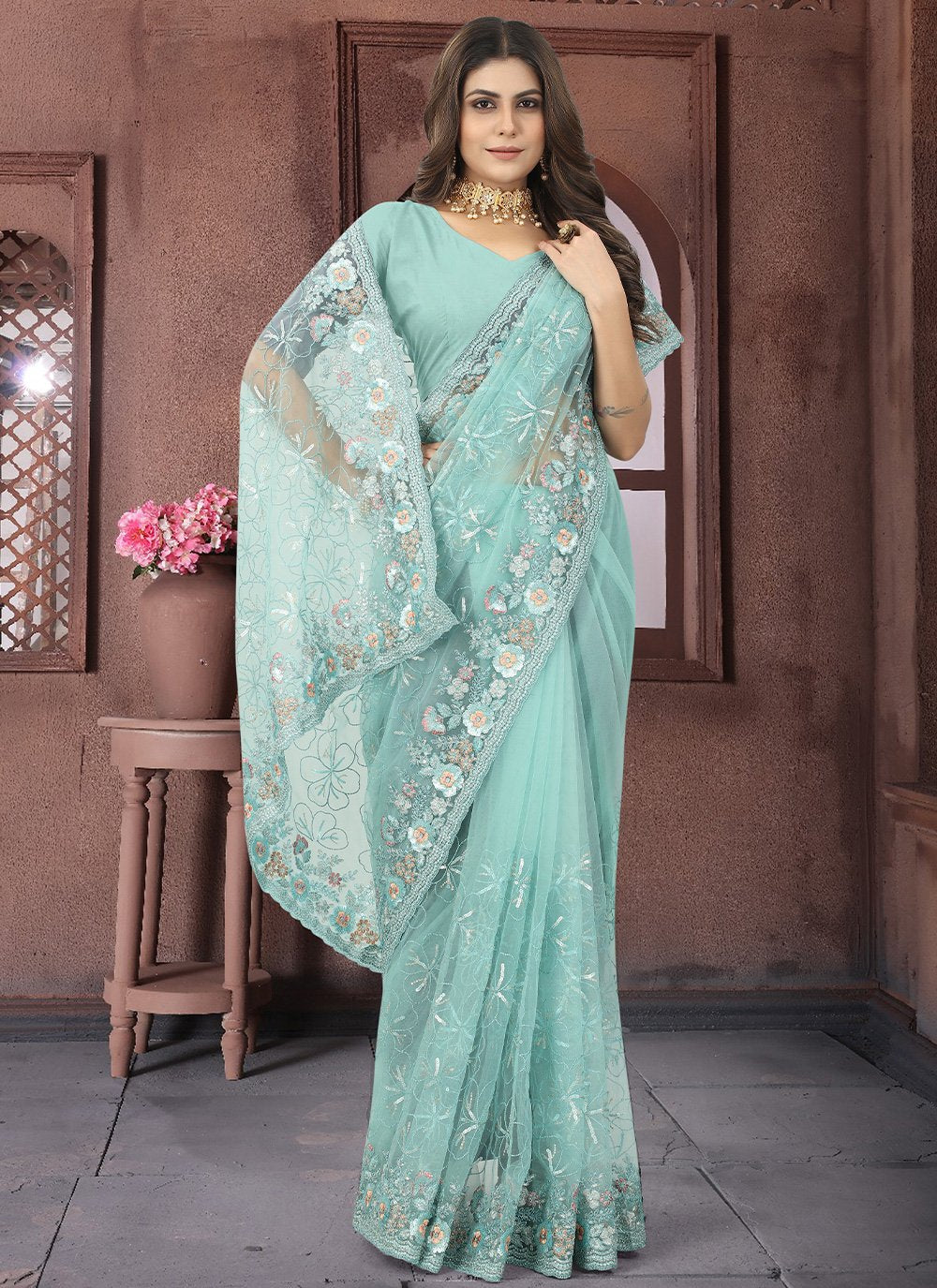 Contemporary Net Turquoise Embroidered Saree