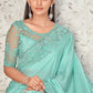 Contemporary Georgette Satin Turquoise Embroidered Saree