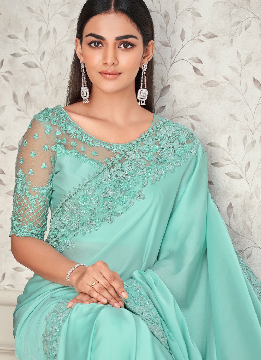 Contemporary Georgette Satin Turquoise Embroidered Saree