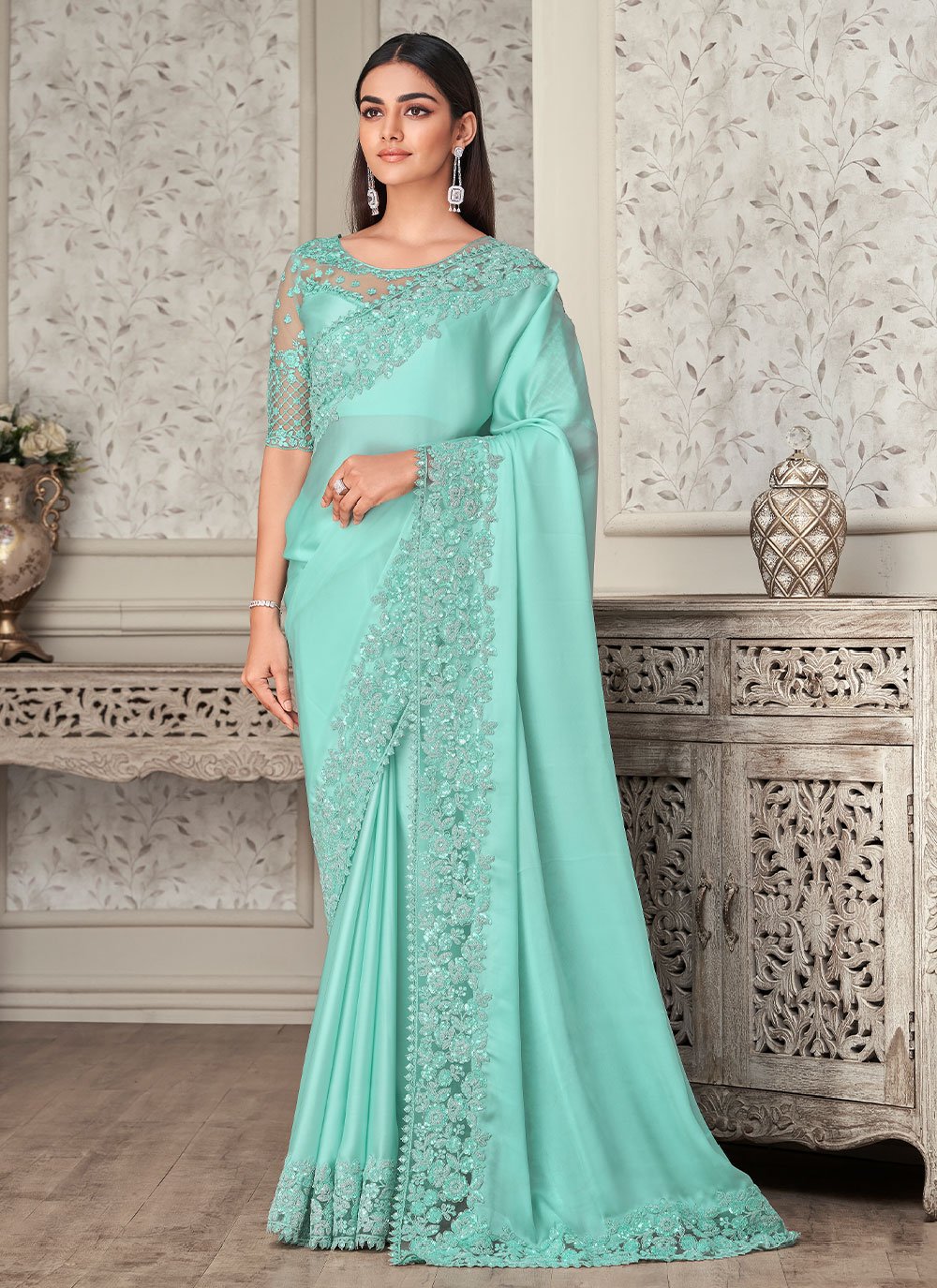 Contemporary Georgette Satin Turquoise Embroidered Saree