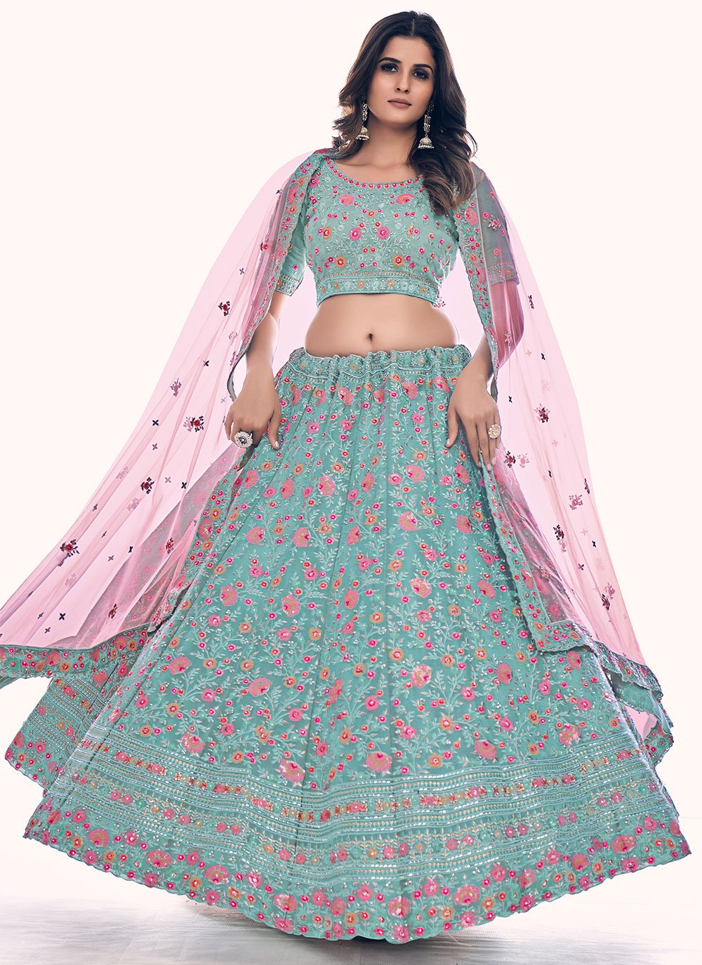 Lehenga Choli Net Turquoise Sequins Lehenga Choli