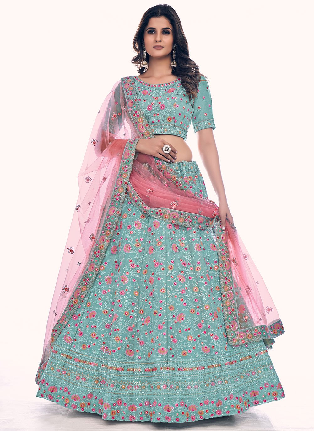 Lehenga Choli Net Turquoise Sequins Lehenga Choli