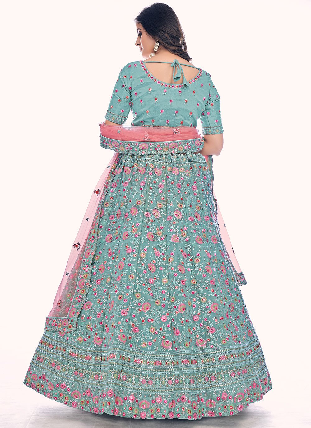 Lehenga Choli Net Turquoise Sequins Lehenga Choli