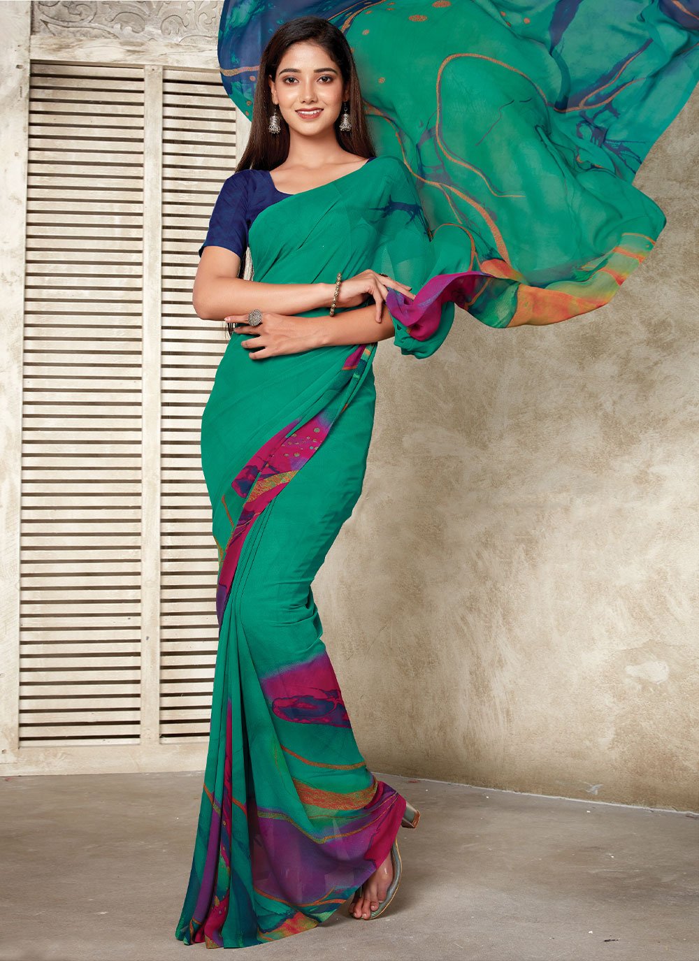 Classic Weight Less Turquoise Print Saree