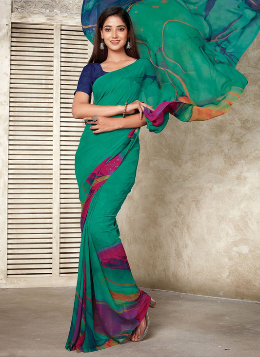 Classic Weight Less Turquoise Print Saree