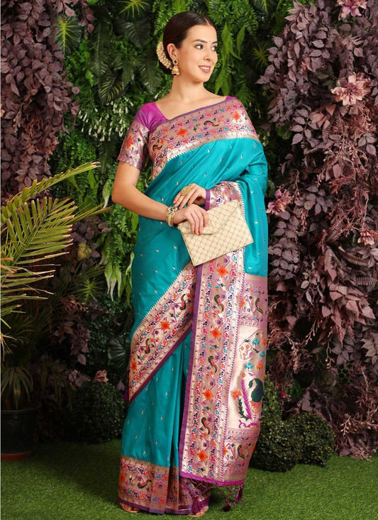 Trendy Saree Banarasi Silk Turquoise Woven Saree