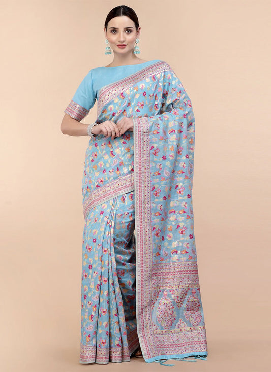 Contemporary Silk Blend Turquoise Woven Saree