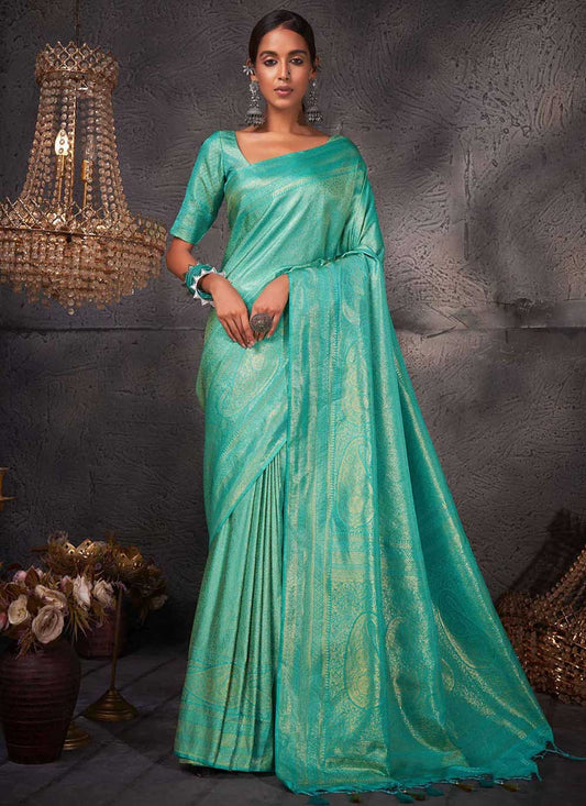 Contemporary Kanjivaram Silk Turquoise Woven Saree