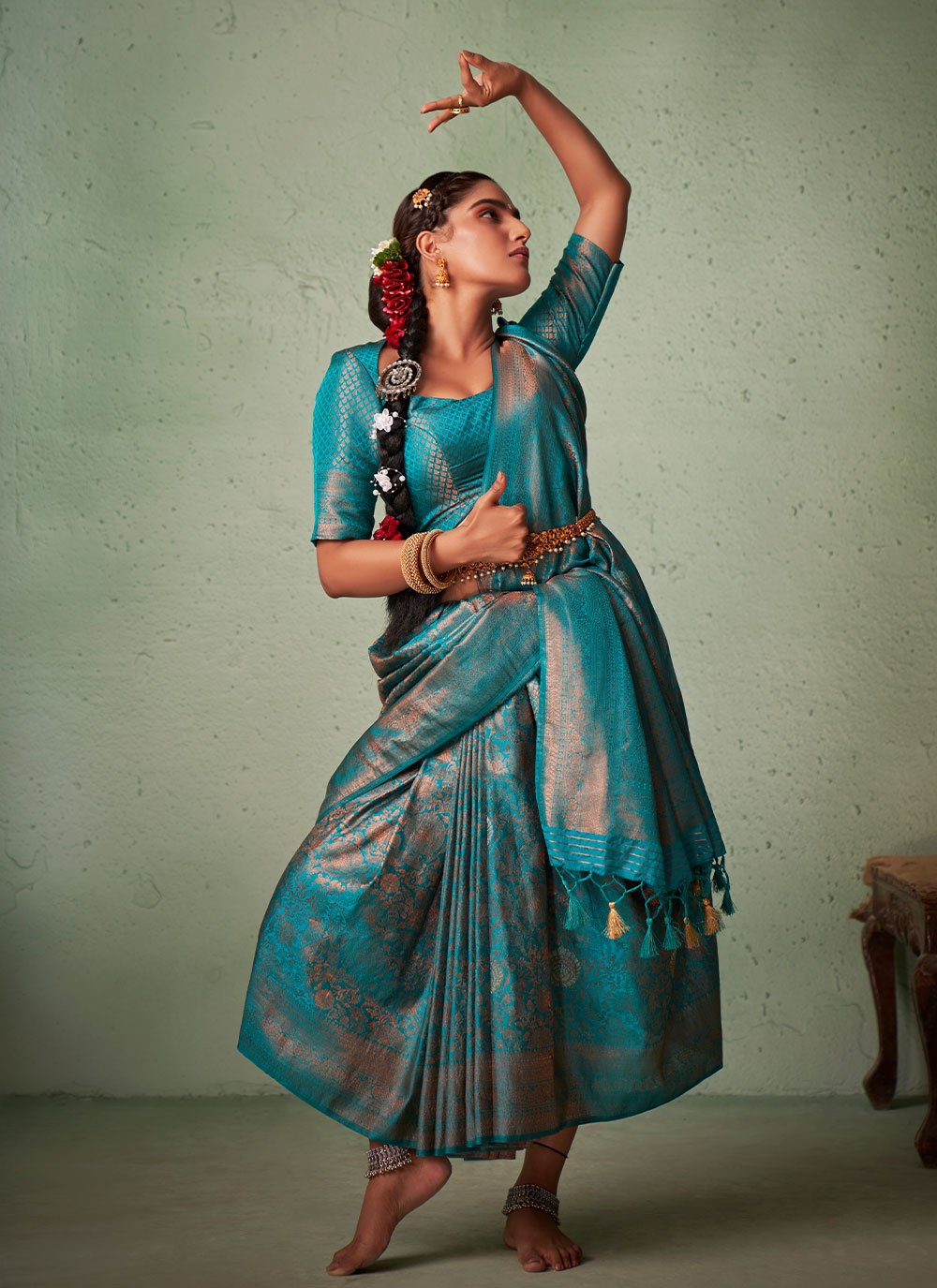 Designer Georgette Turquoise Weaving Saree