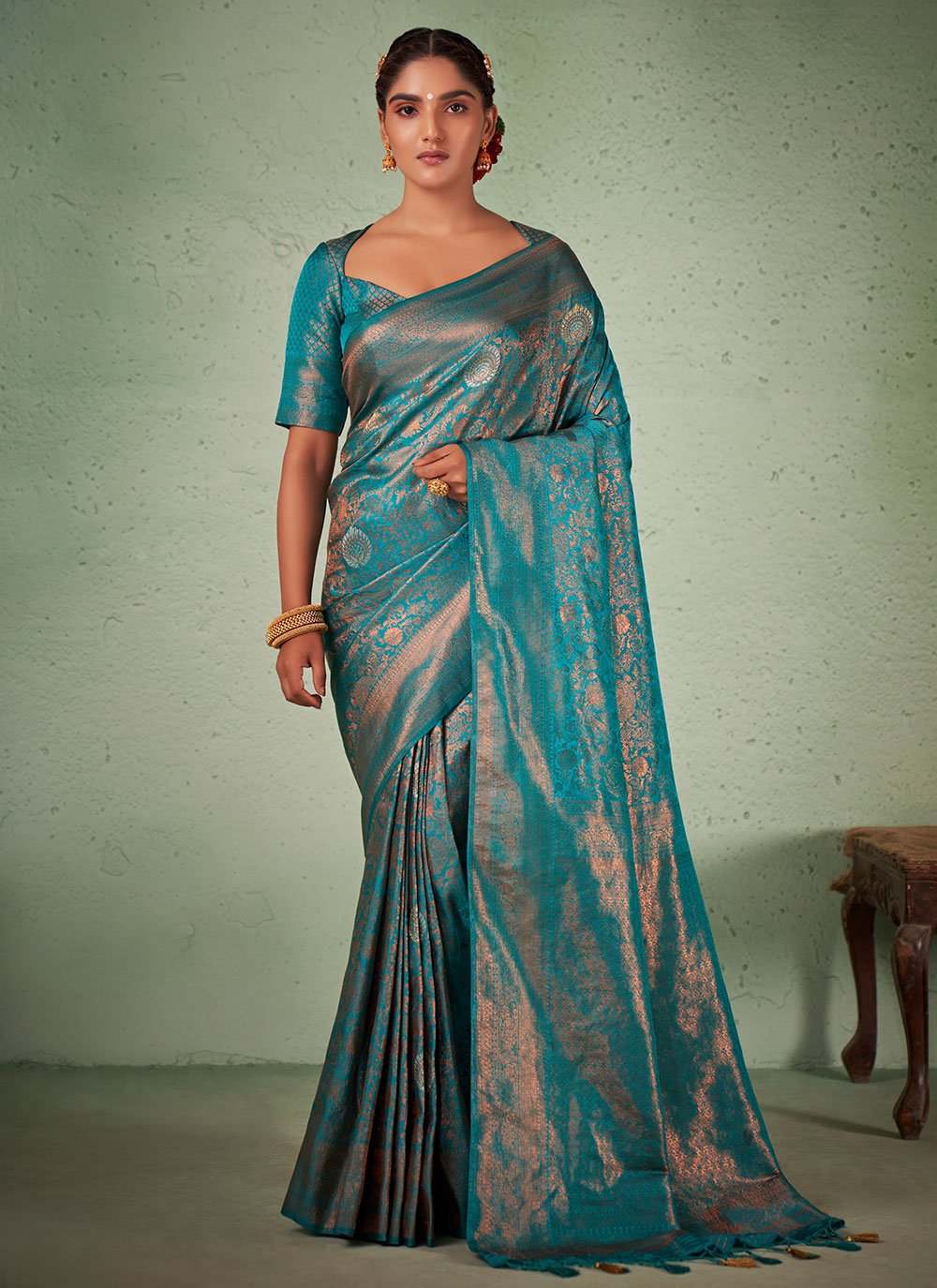 Designer Georgette Turquoise Weaving Saree