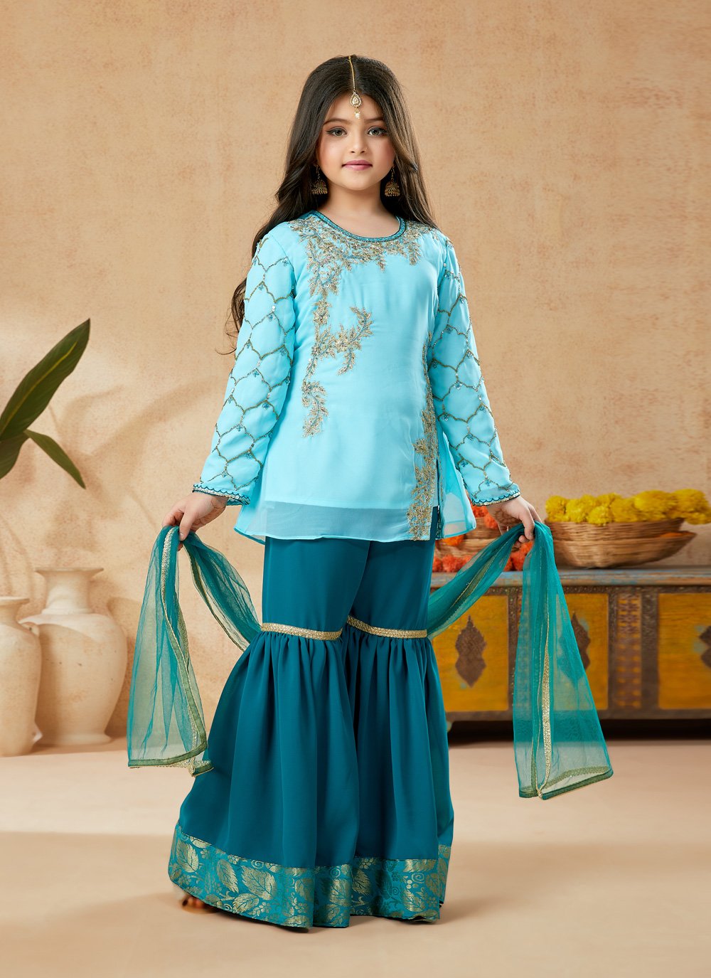 Sharara Set Faux Georgette Turquoise Embroidered Kids