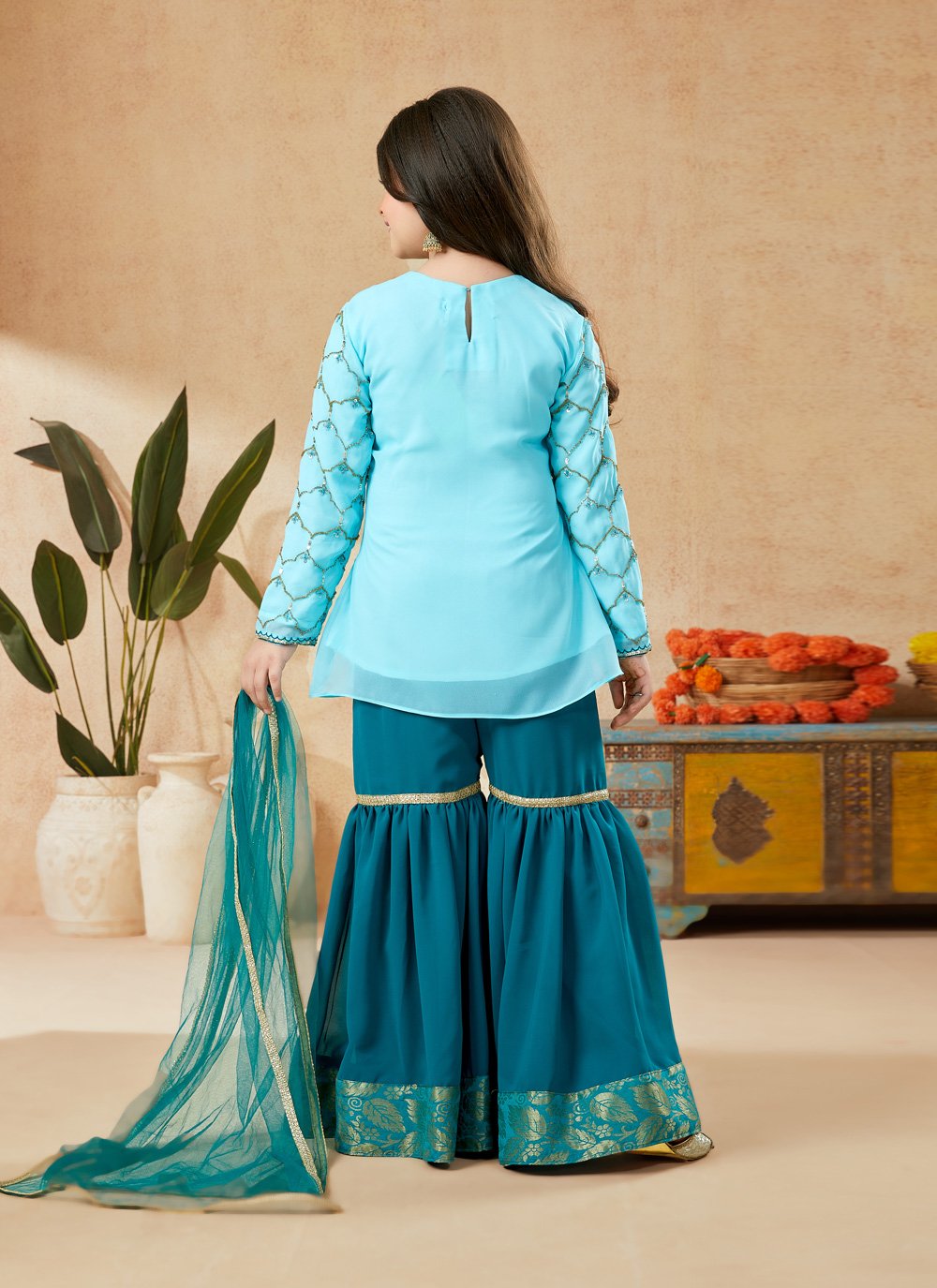 Sharara Set Faux Georgette Turquoise Embroidered Kids