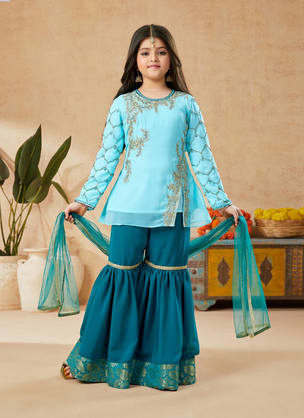 Sharara Set Faux Georgette Turquoise Embroidered Kids