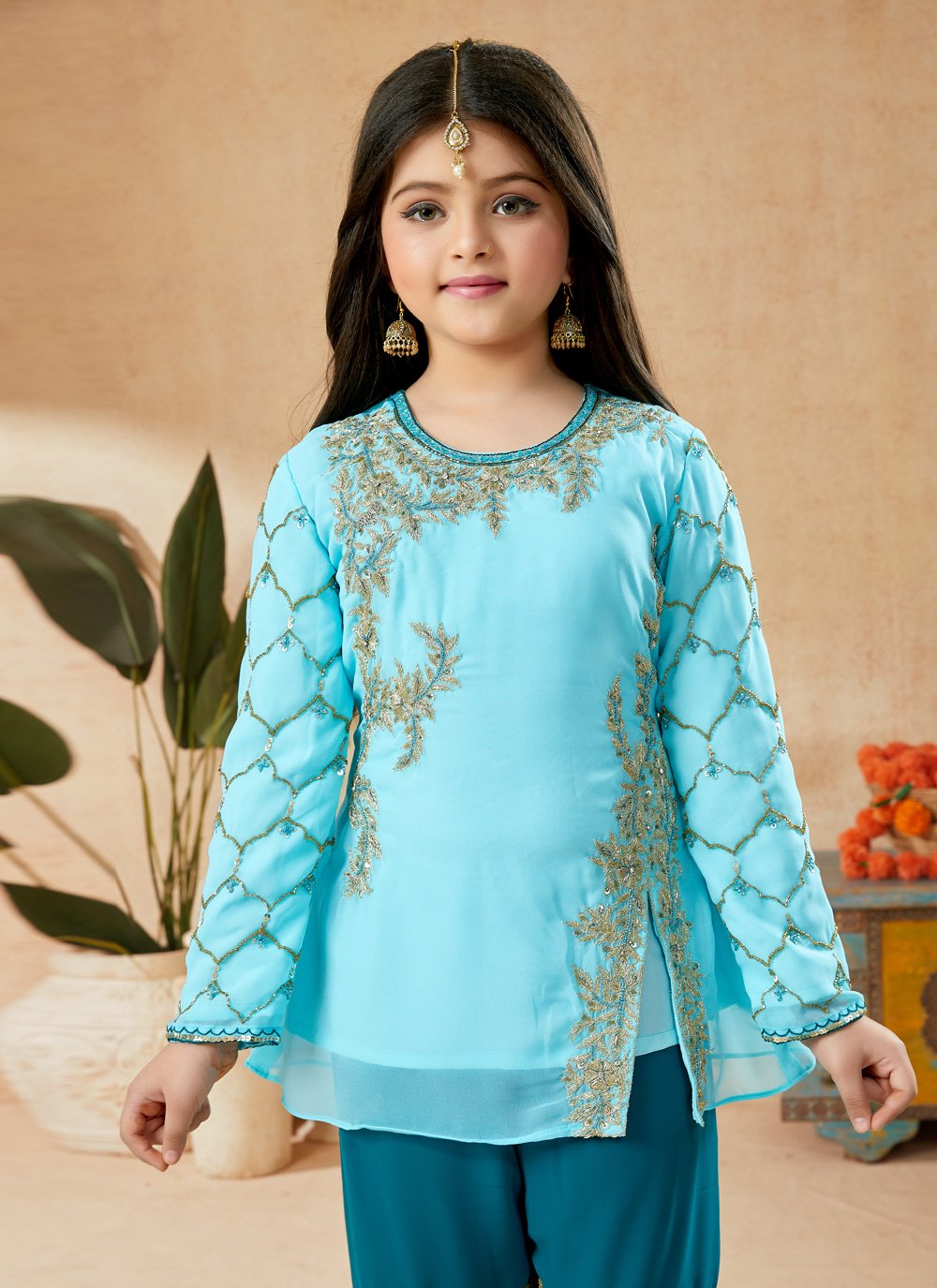 Sharara Set Faux Georgette Turquoise Embroidered Kids