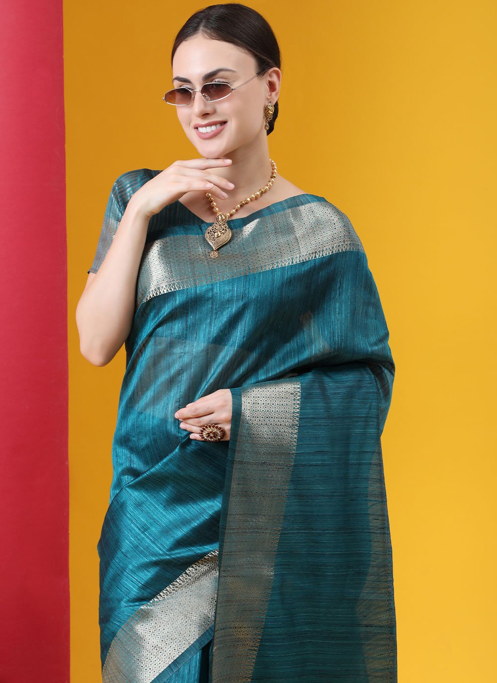 Classic Tussar Silk Blue Teal Woven Saree