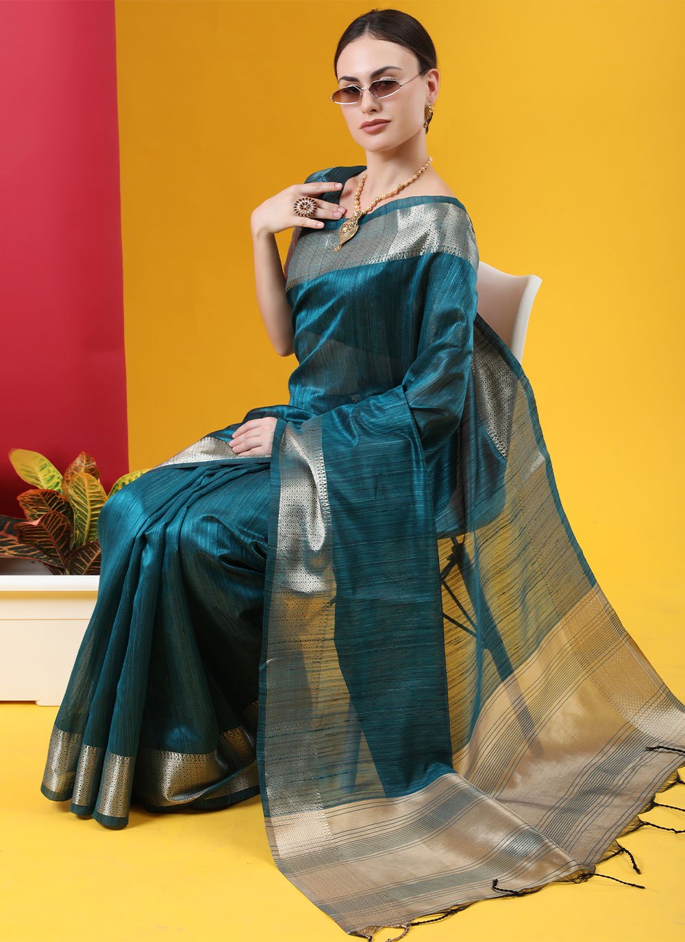 Classic Tussar Silk Blue Teal Woven Saree