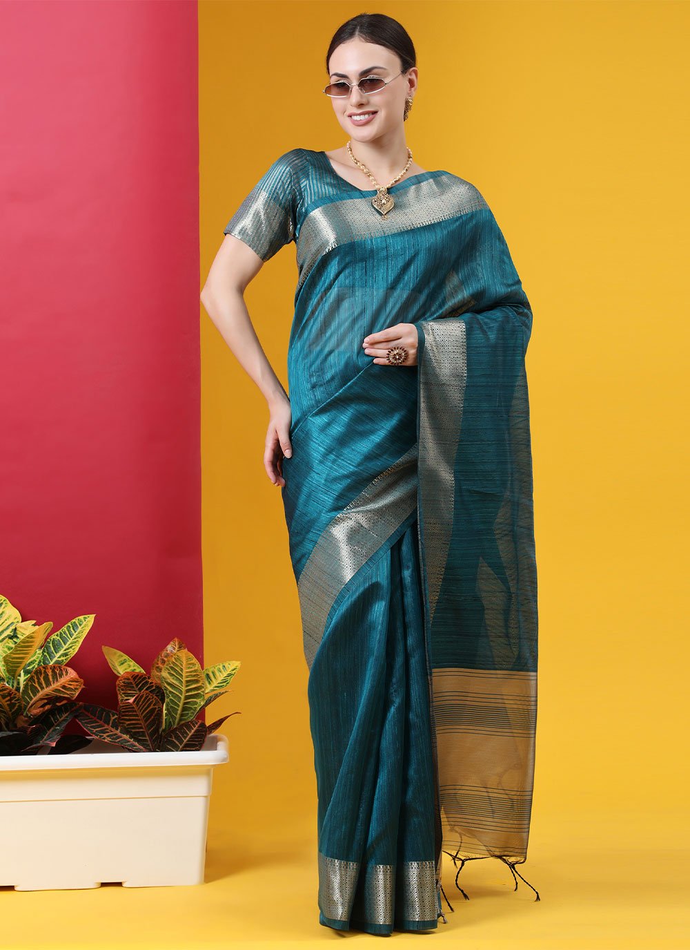 Classic Tussar Silk Blue Teal Woven Saree