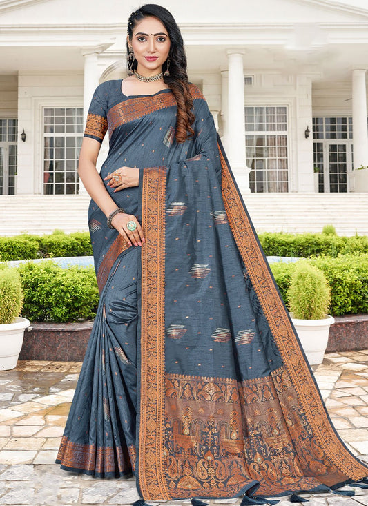 Contemporary Tussar Silk Blue Zari Saree