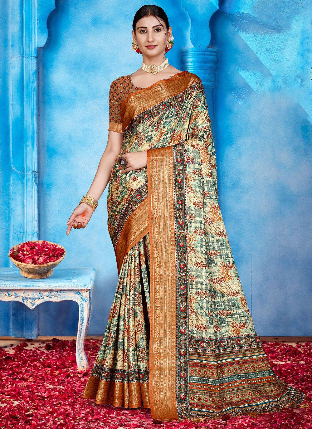 Classic Tussar Silk Cream Patch Border Saree