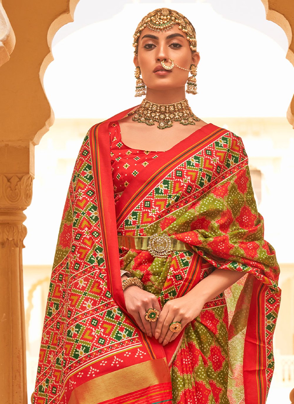 Contemporary Tussar Silk Green Red Weaving Saree