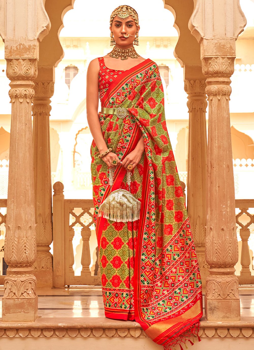 Contemporary Tussar Silk Green Red Weaving Saree