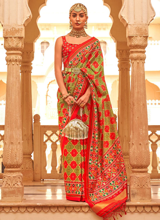 Contemporary Tussar Silk Green Red Weaving Saree