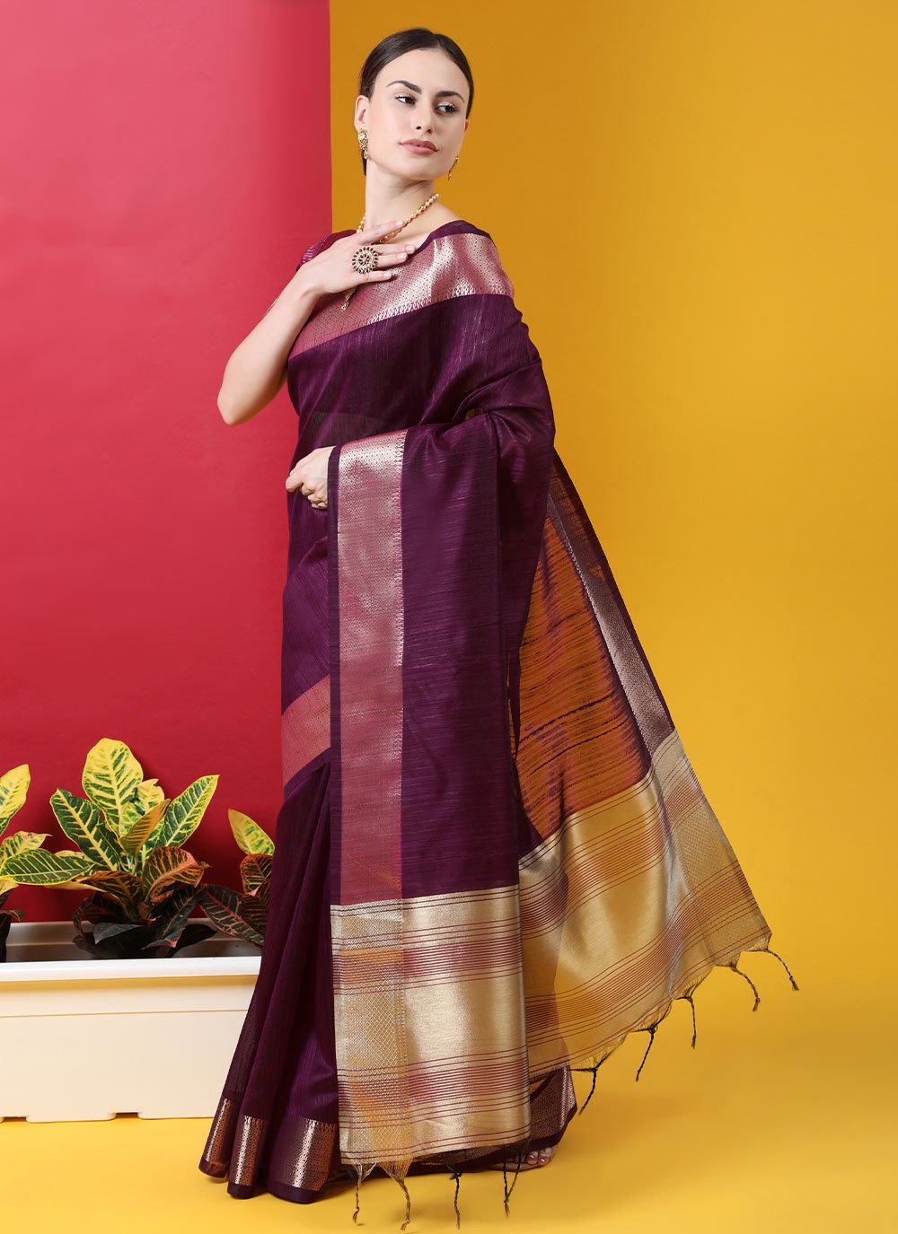 Contemporary Tussar Silk Wine Woven Saree