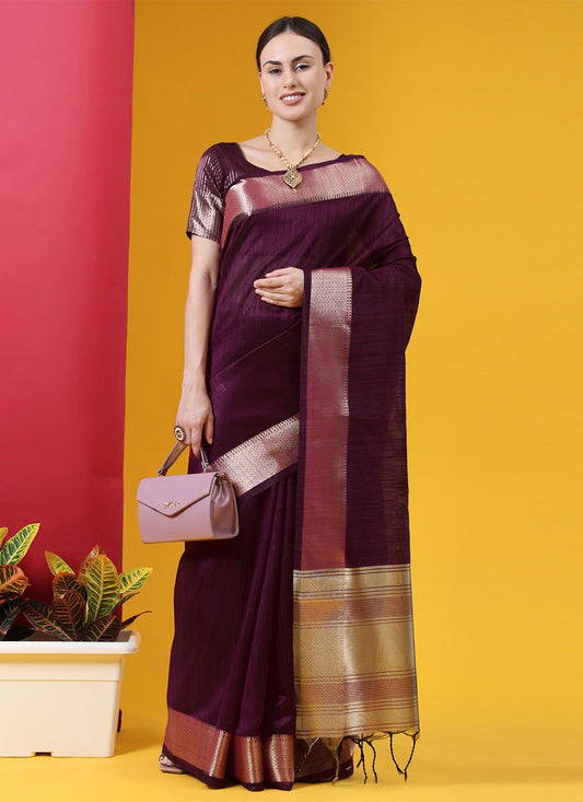 Contemporary Tussar Silk Wine Woven Saree