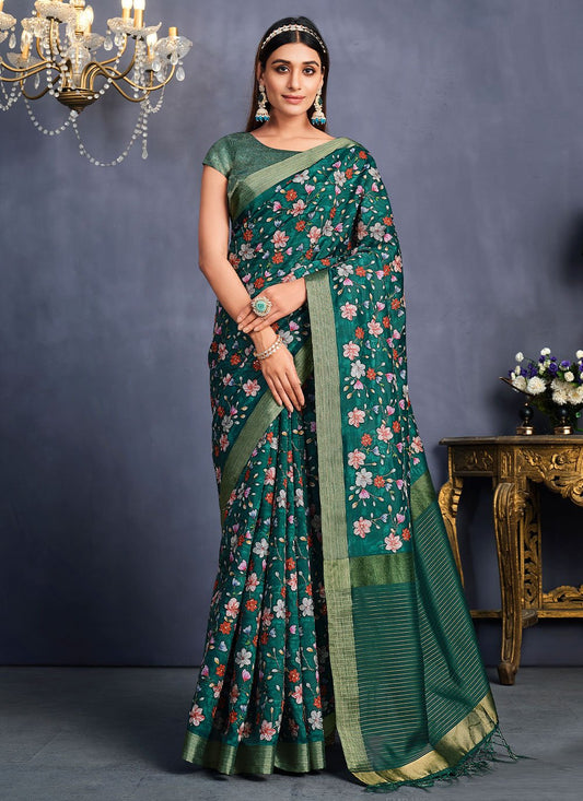 Contemporary Tussar Silk Teal Embroidered Saree