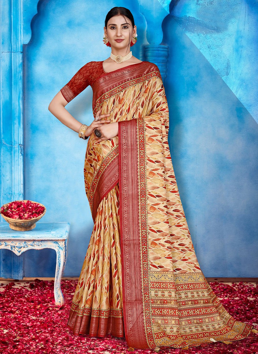 Contemporary Tussar Silk Cream Patch Border Saree