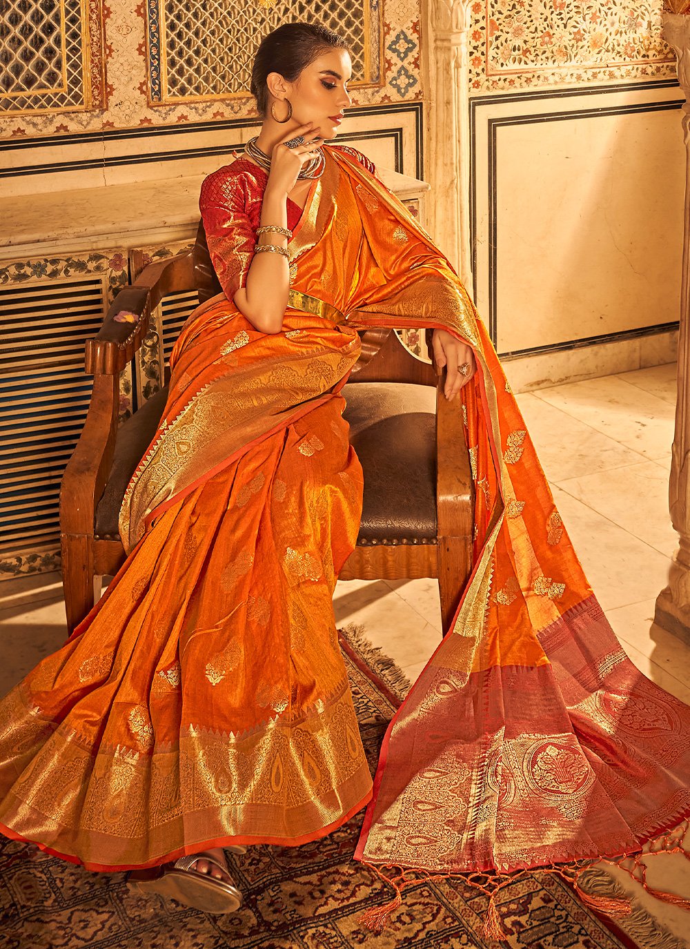 Contemporary Tussar Silk Orange Weaving Saree