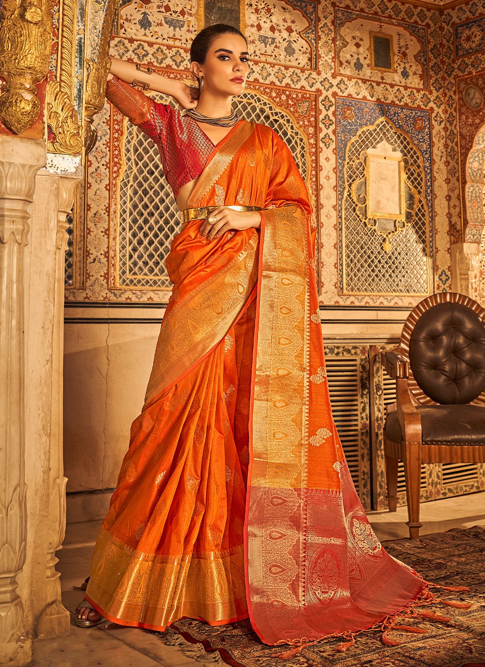 Contemporary Tussar Silk Orange Weaving Saree