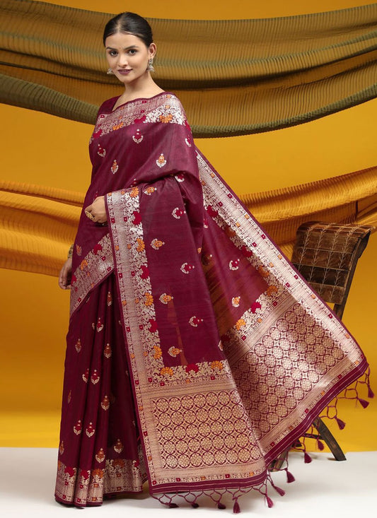 Contemporary Tussar Silk Wine Meena Saree