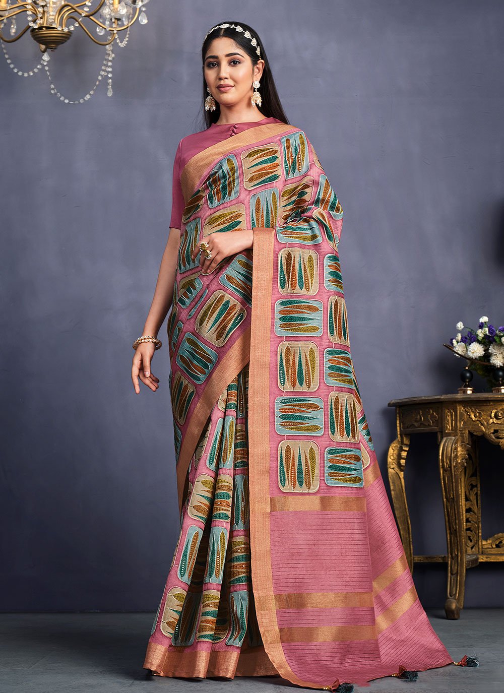 Classic Tussar Silk Pink Embroidered Saree