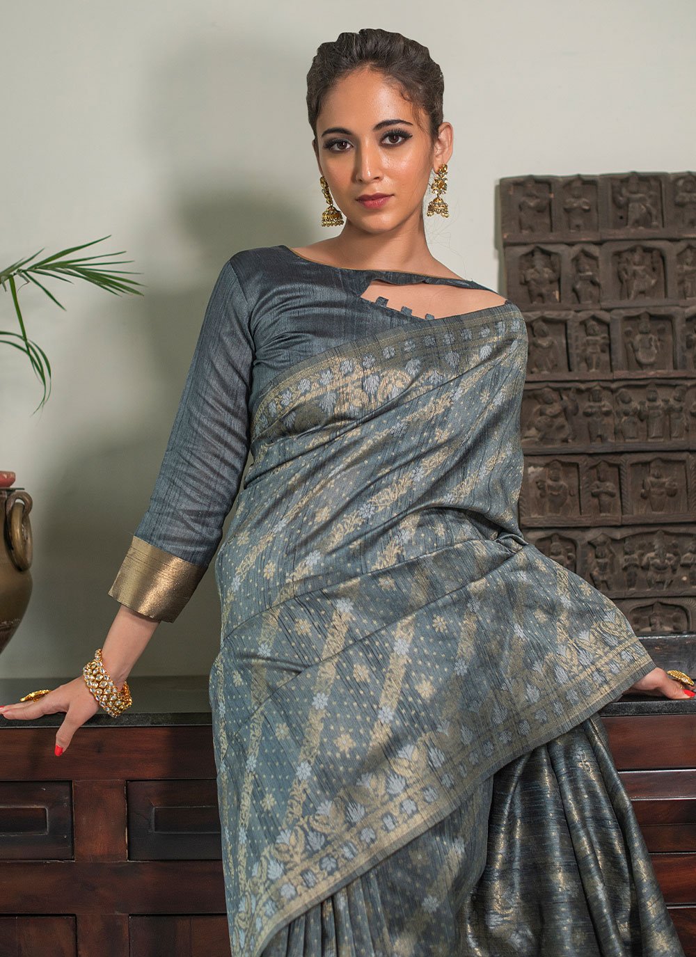 Contemporary Tussar Silk Grey Woven Saree